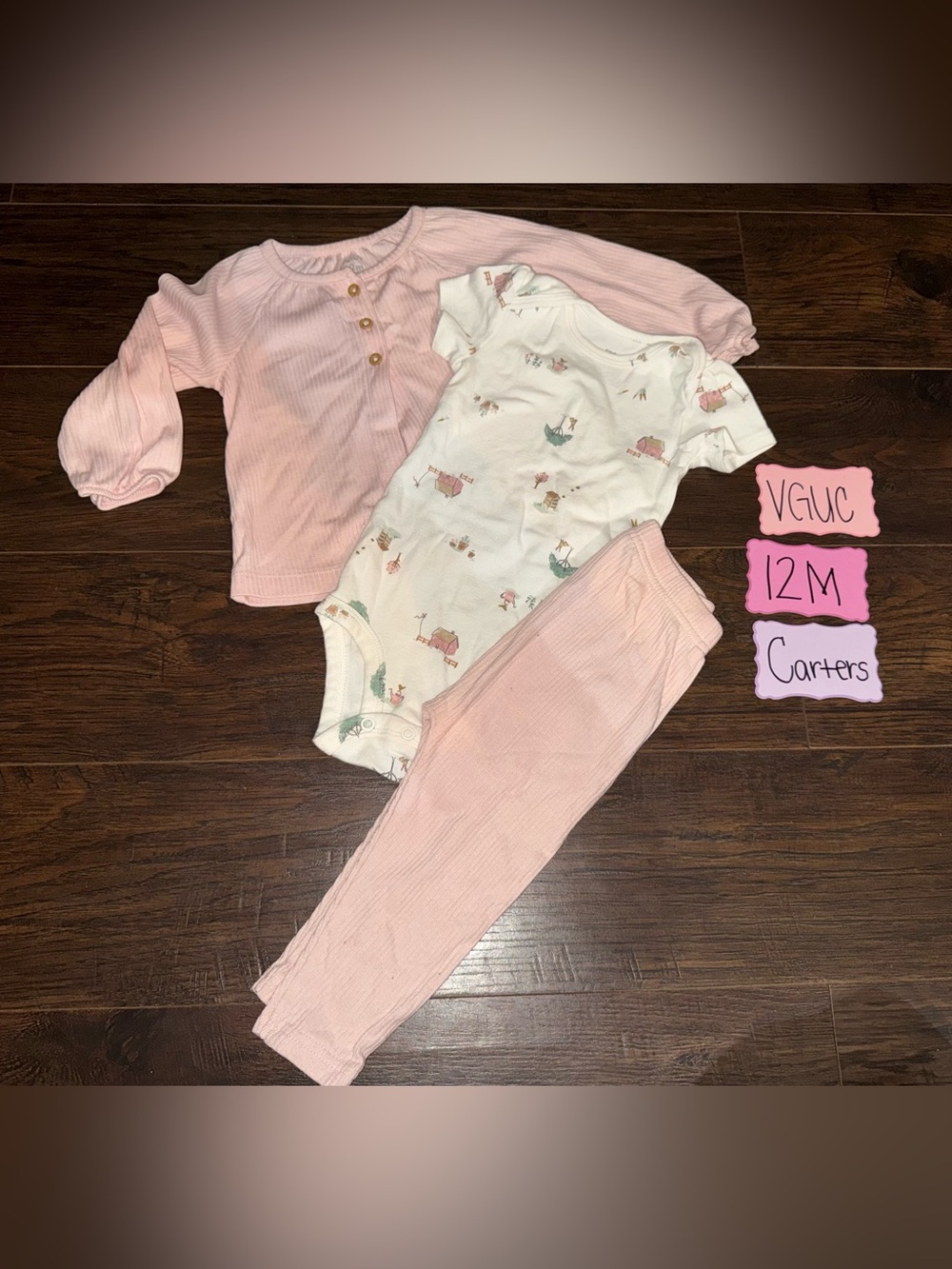 Baby Girl 3-Piece Pink Ribbed Outfit Set with Printed Onesie Carters farm print